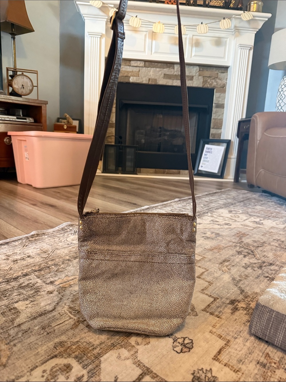 HOBO Metallic Taupe Crossbody Bag with Brown Strap